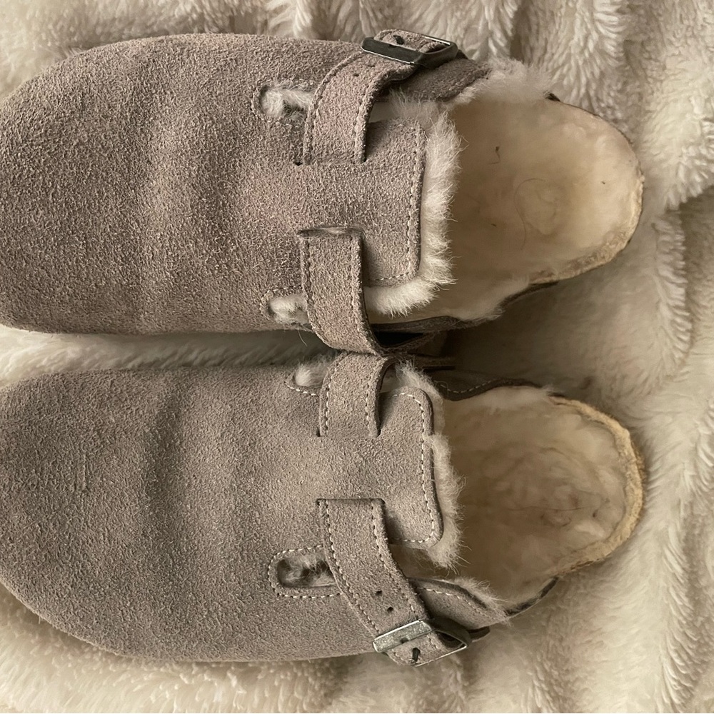 Grey Birkenstock Boston Clogs with Fur